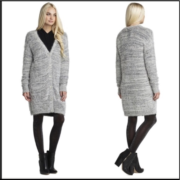 Soft fuzzy gray & white long cardigan, M/L - Picture 2 of 8